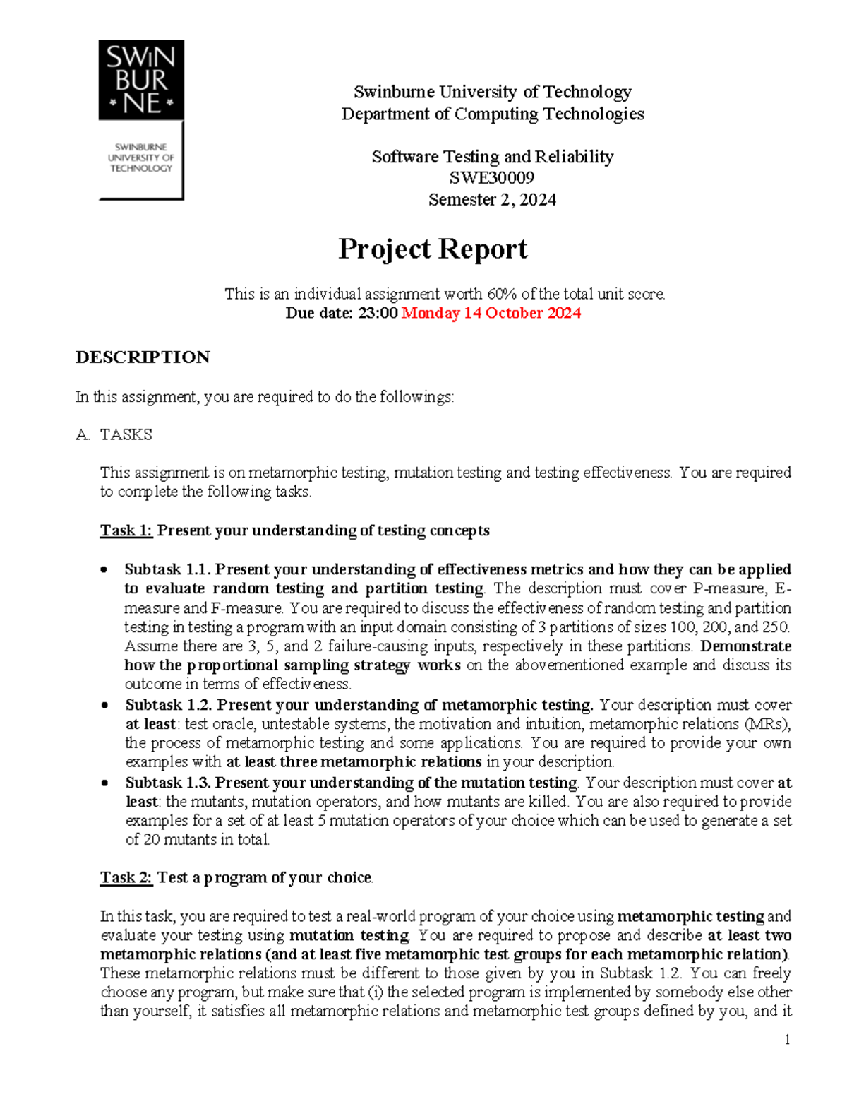 2024 Semester 2 - Project Report - 1 Swinburne University of Technology ...