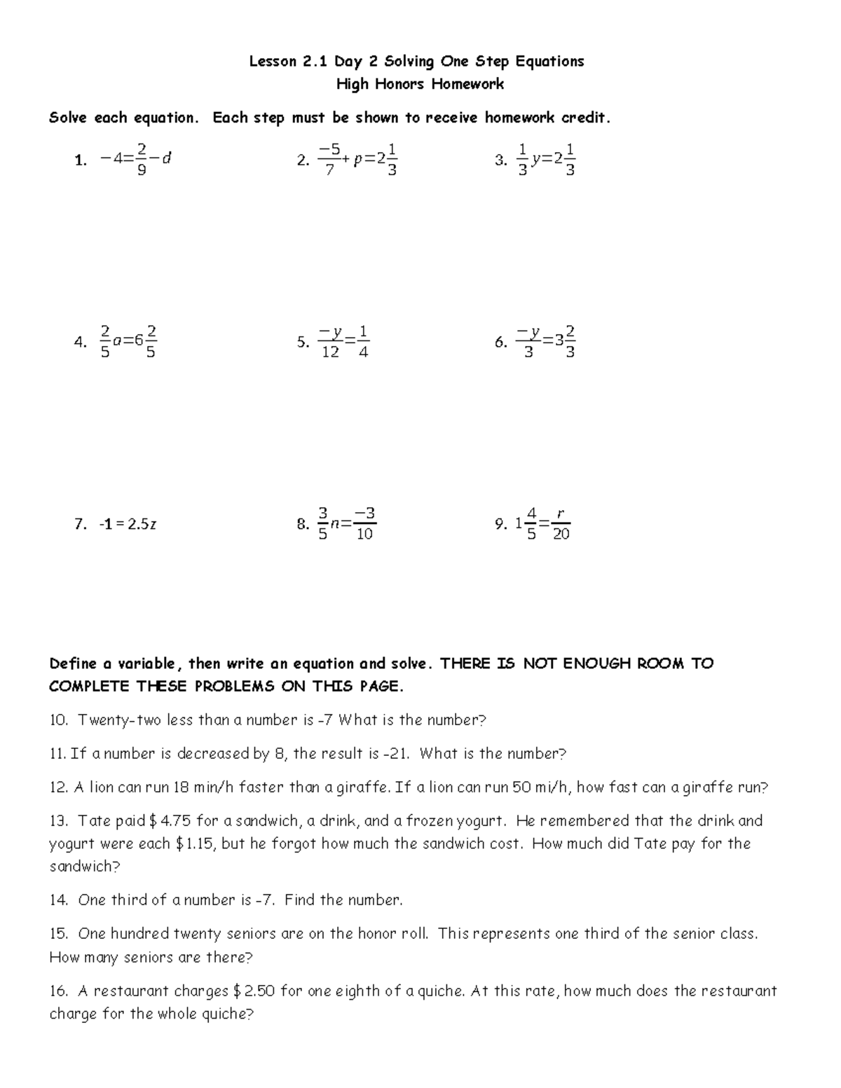 Lesson 2.1HWDay 2 - math problems - Lesson 2 Day 2 Solving One Step ...