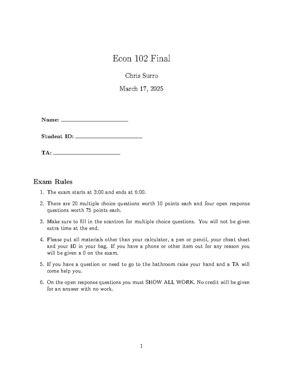 Econ 102 Final Exam Guidelines and Sample Questions W25 - Studocu