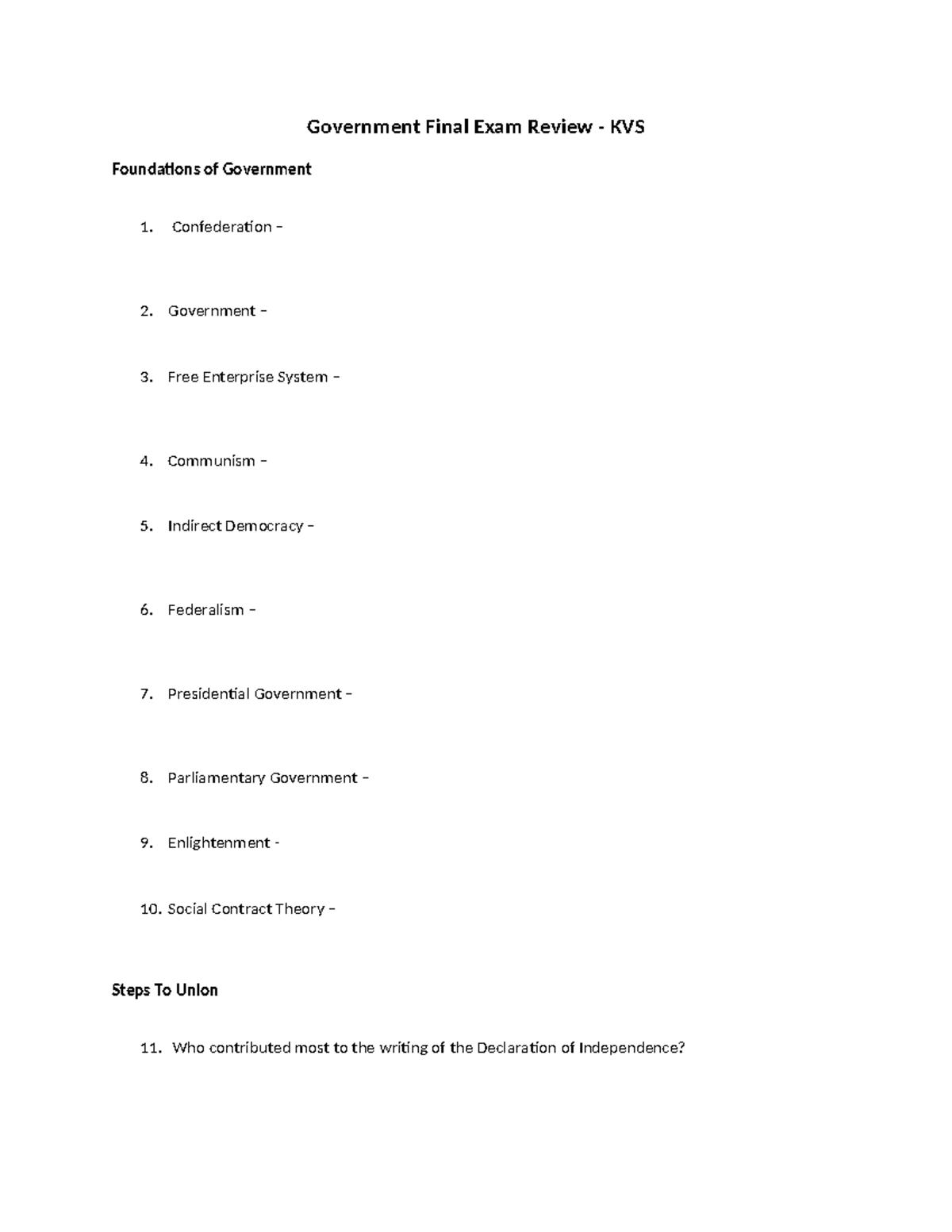 Gov 101: Final Exam Review for Foundations & Structures of Gov - Studocu