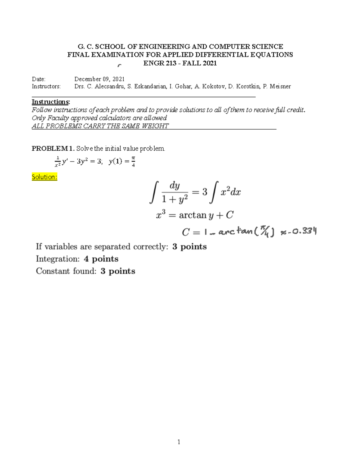 ENGR 213 Final Exam Solutions for Applied Differential Equations - Fall ...