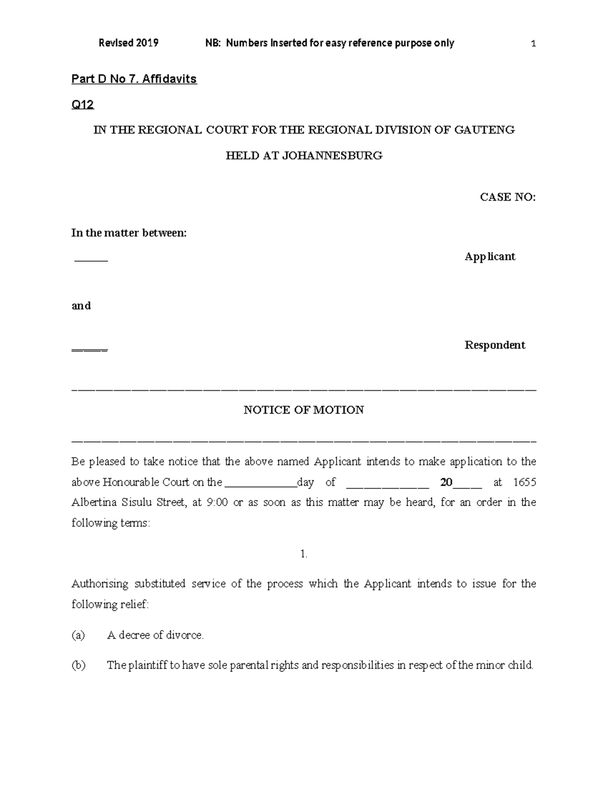 Affidavit for Substituted Service in Divorce Case - Gauteng Regional ...