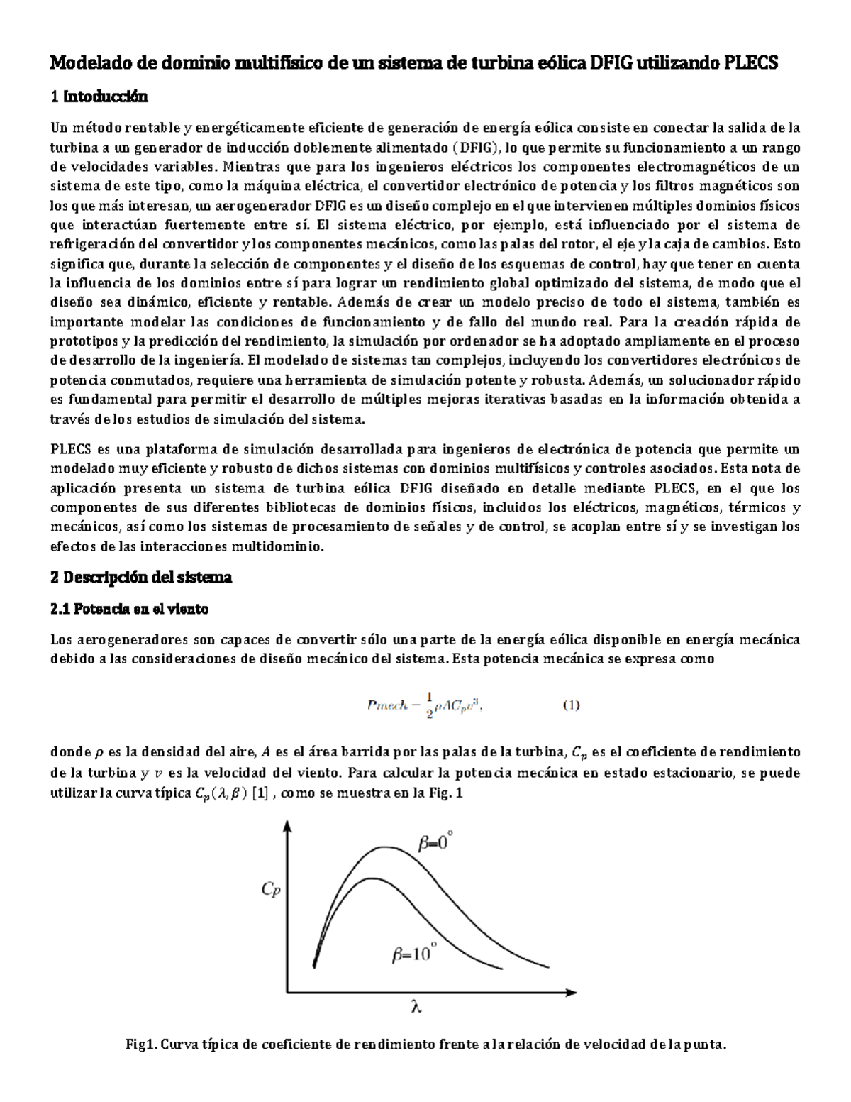 Modelado de turbina eólica DFIG en PLECS: Análisis y simulación - Studocu