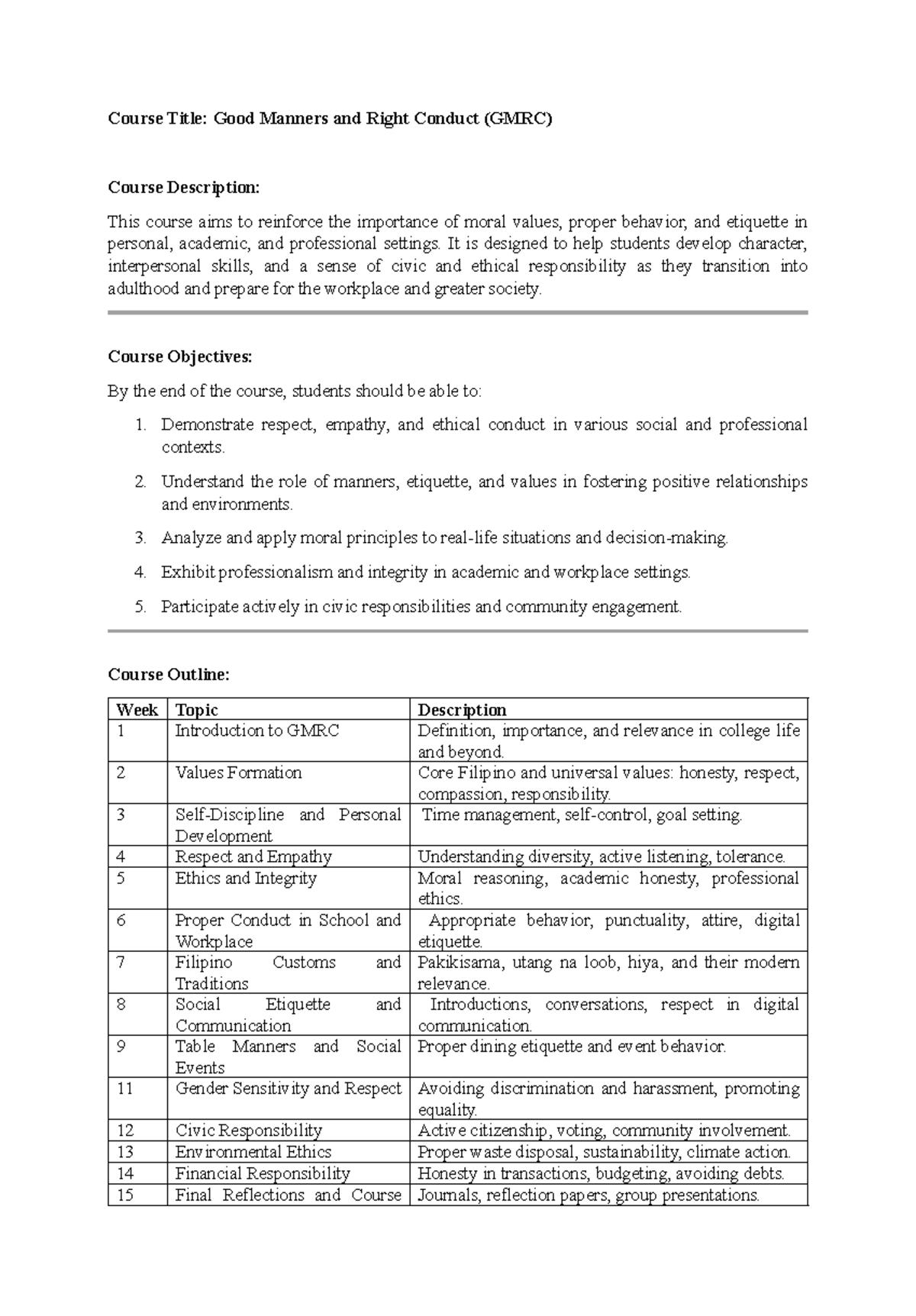 Syllabus for Good Manners and Right Conduct (GMRC) Course - Studocu