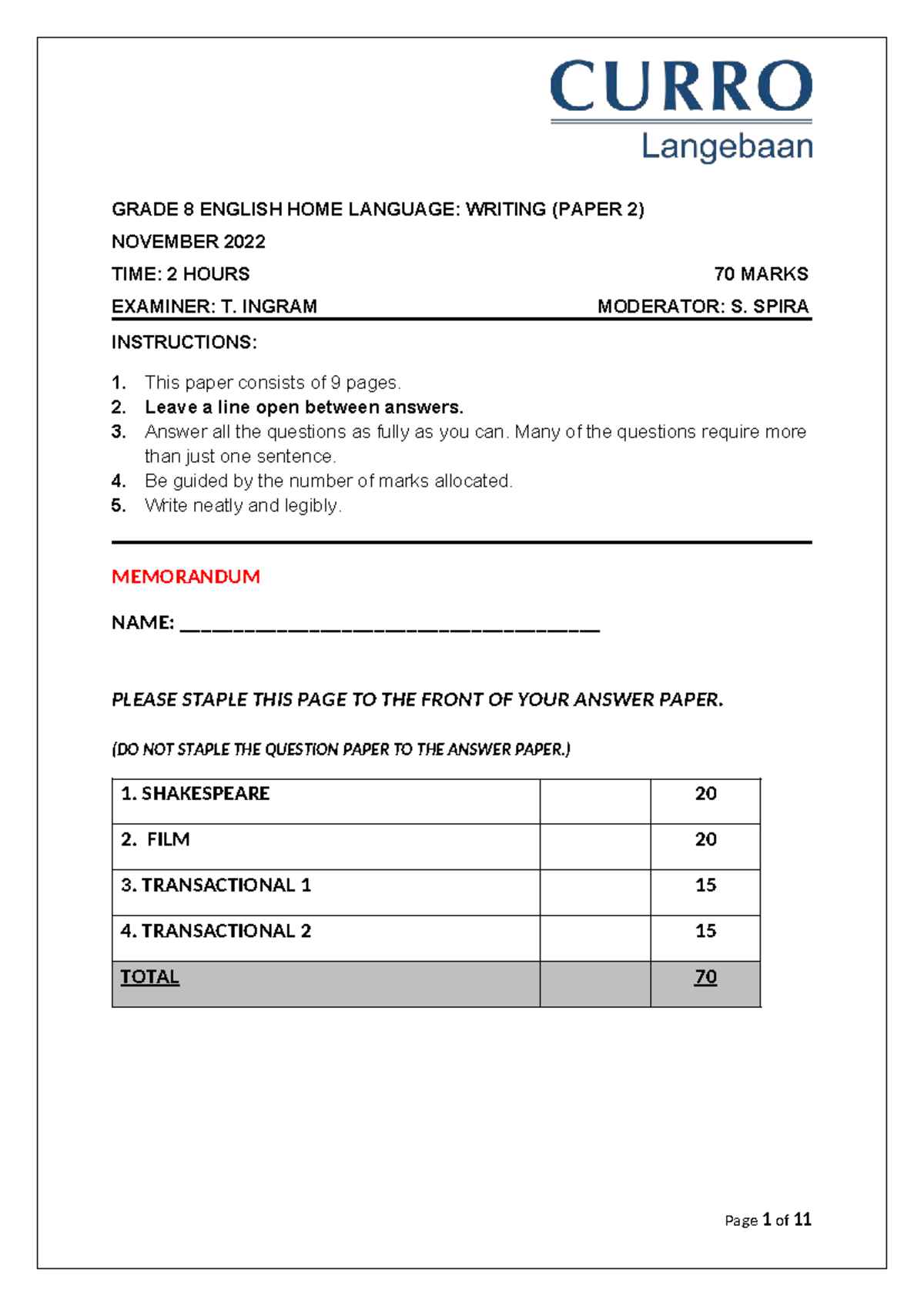 GRADE 8 ENGLISH HL: WRITING PAPER 2 MEMO NOV 2022 - 70 MARKS - Studocu
