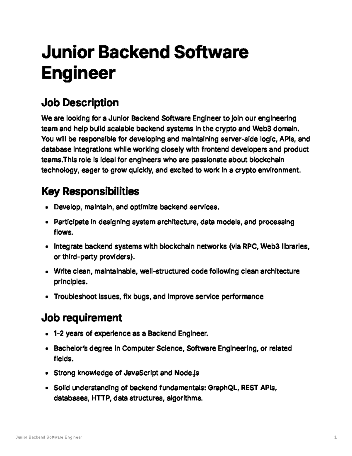 JD for Junior Backend Software Engineer Position - Studocu