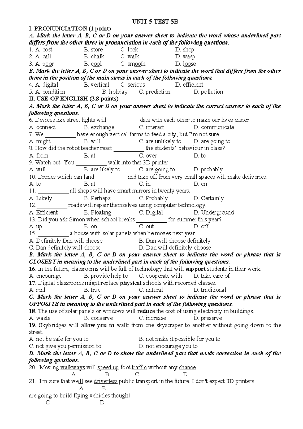 Bright 11 Test 5B: Pronunciation and Use of English Exam - Studocu