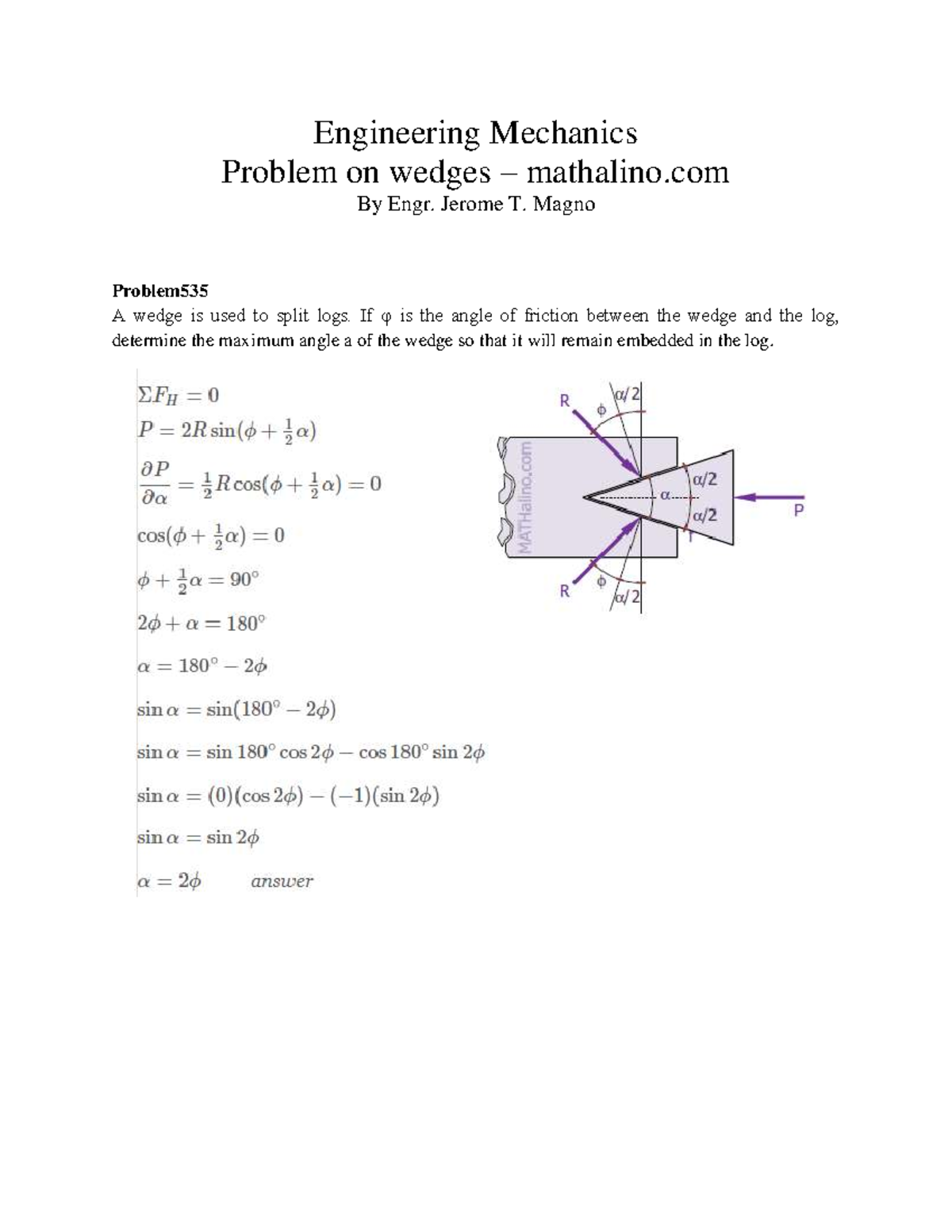 Engineering Mechanics: Wedge Problems (ENGR 101) - Studocu