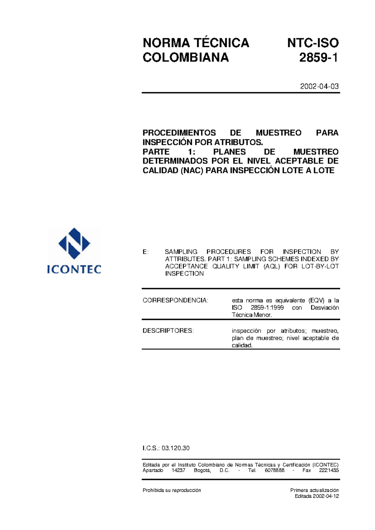 NTC ISO 2859-1: Procedimientos de Muestreo por Atributos - Document Preview