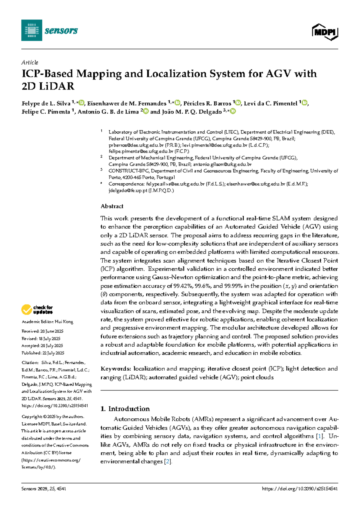 Mapping and Localization System for AGV Using 2D LiDAR (Sensors 2025 ...