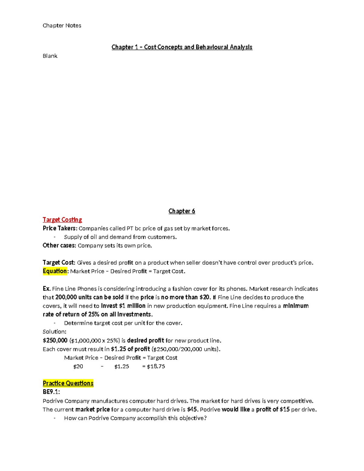 Chapter Notes: Cost Concepts & Target Costing Analysis (Ch. 1 & 6 ...