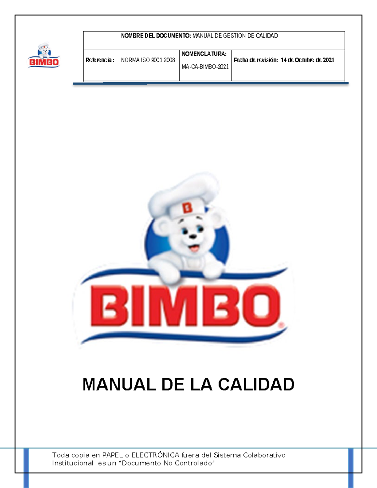 Manual de Calidad ISO 9001 de Bimbo (542217181) - Revisión 2021 - Document Preview