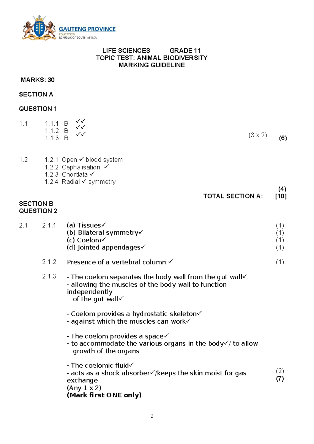 LIFE SCIENCES GRADE 11 TOPIC TEST: ANIMAL BIODIVERSITY MEMO - Studocu