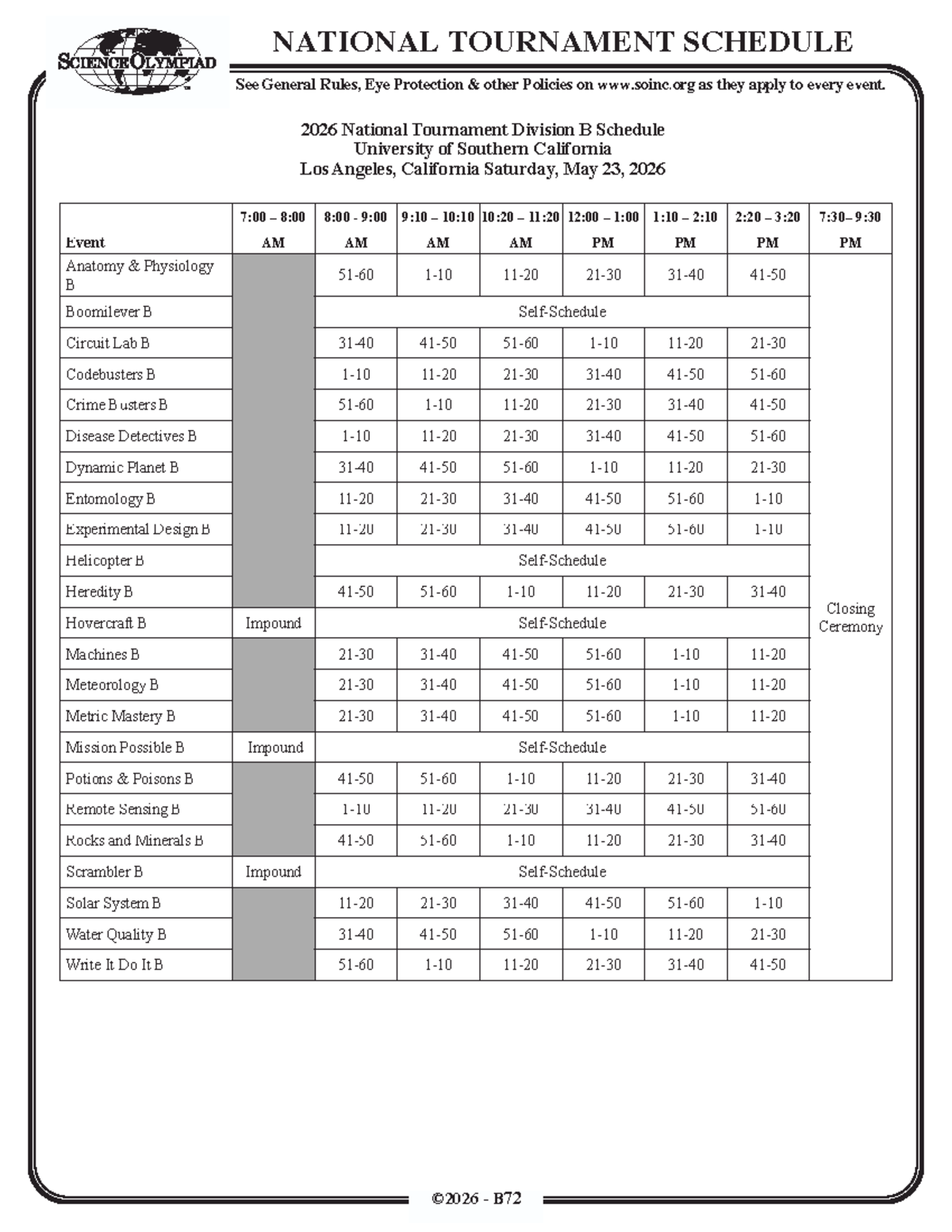 2026 National Tournament Schedule - Science Olympiad Division B - Studocu