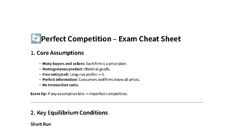 Perfect Competition Exam Cheat Sheet: Key Concepts & Graphs - Studocu