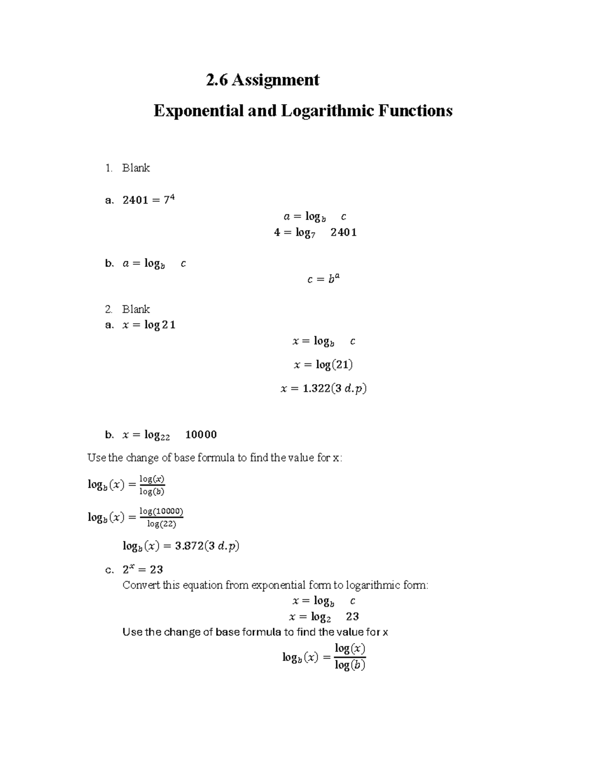 Exponential & Logarithmic Functions Assignment 2401 - Detailed ...
