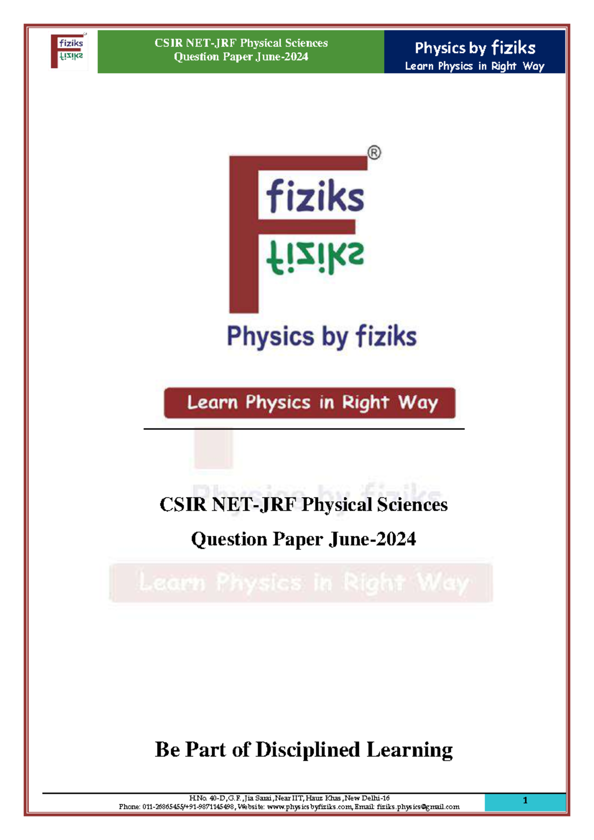 CSIR NET JRF Physical Sciences Question Paper June 2024 - Studocu