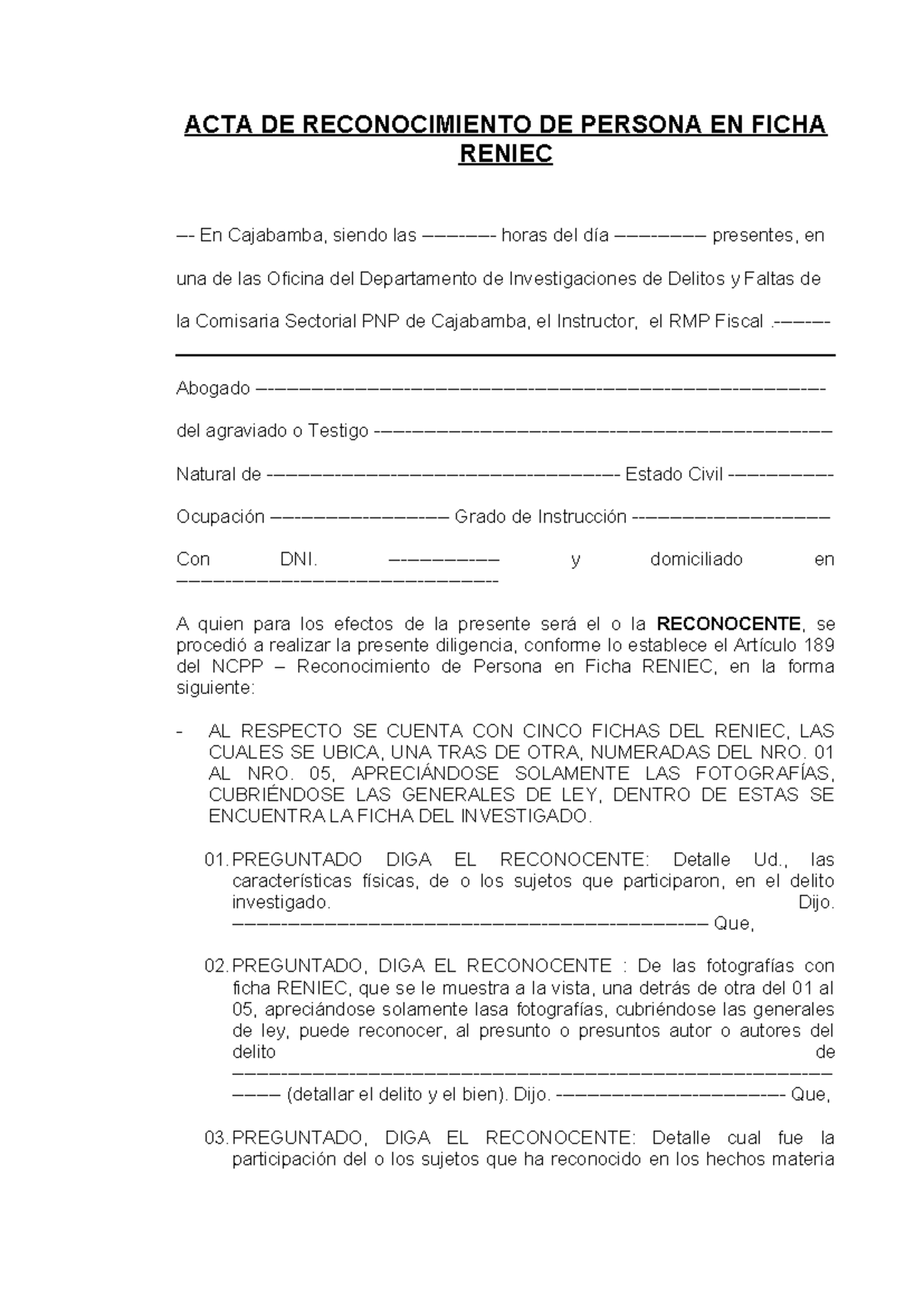 ACTA DE RECONOCIMIENTO DE PERSONA EN FICHA RENIEC - Studocu
