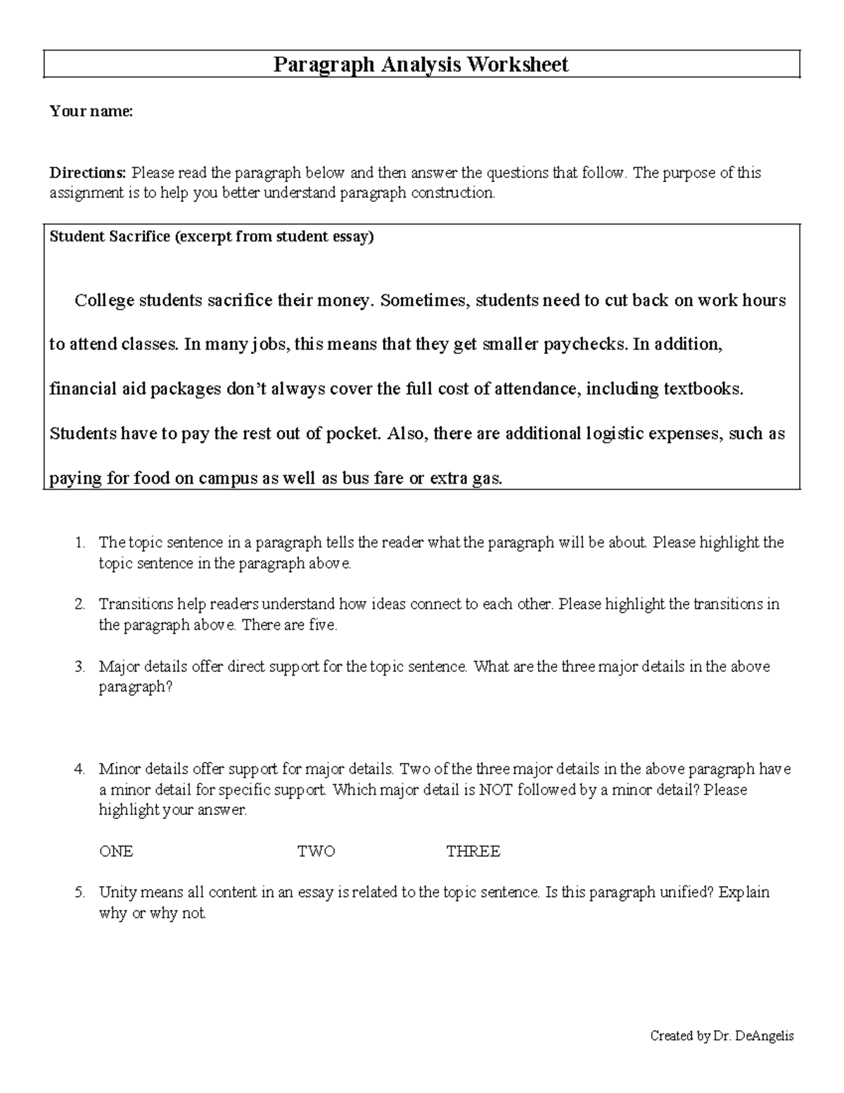 ENG101: Paragraph Construction Analysis Worksheet - Studocu