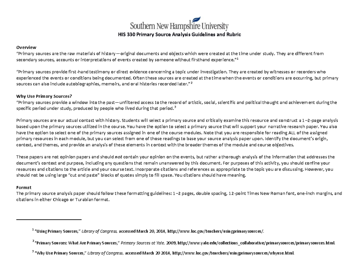 HIS 330 Primary Source Analysis: Guidelines & Rubric for Students - Studocu