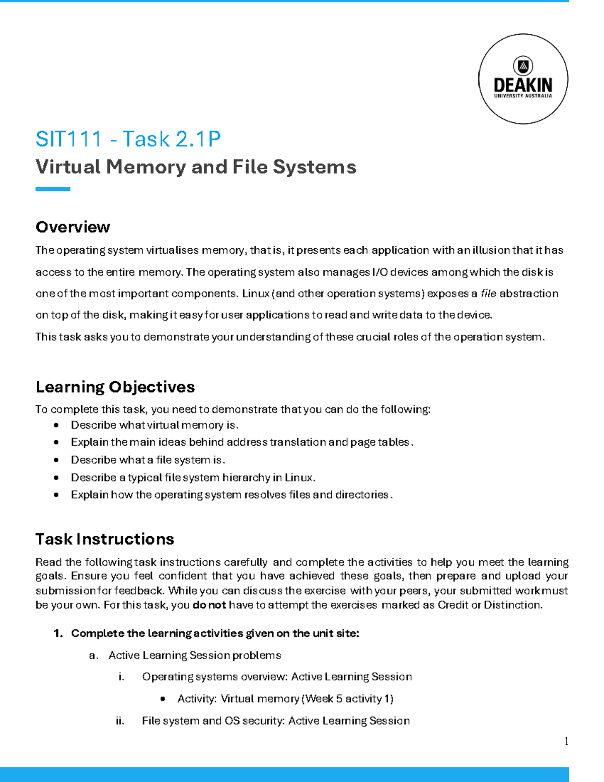SIT 111-2 Task 2.1P: Overview of Virtual Memory & File Systems - Studocu