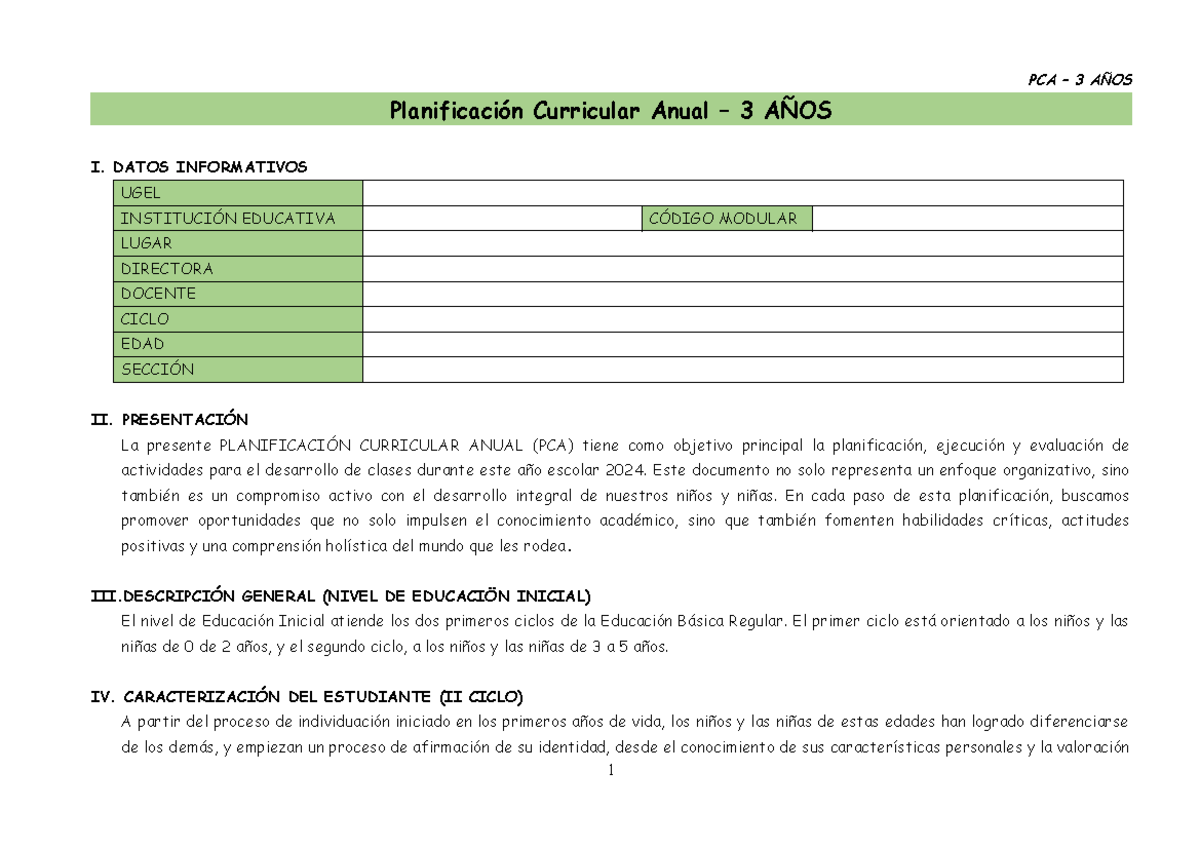 PCA 3 AÑOS Planificación Curricular Anual 2024 - Sesiones de Aprendizaje - Document Preview