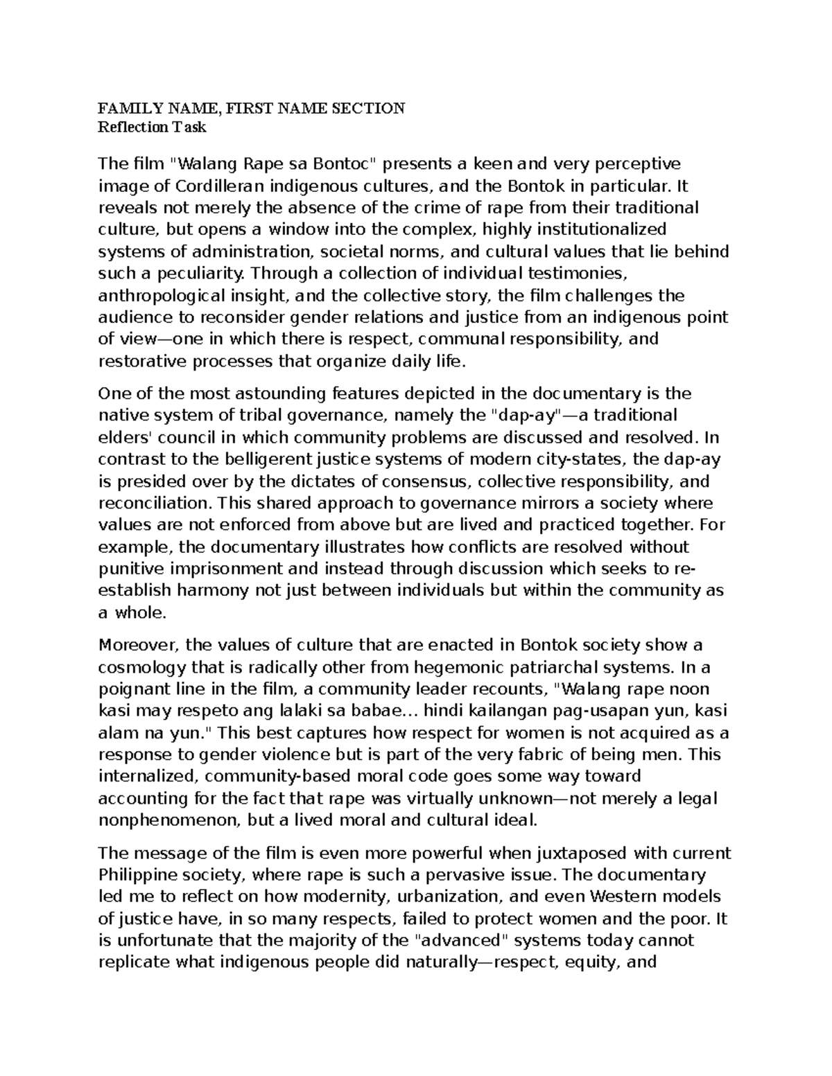 Document (668) - HCORDI REFLECTION - FAMILY NAME, FIRST NAME SECTION ...