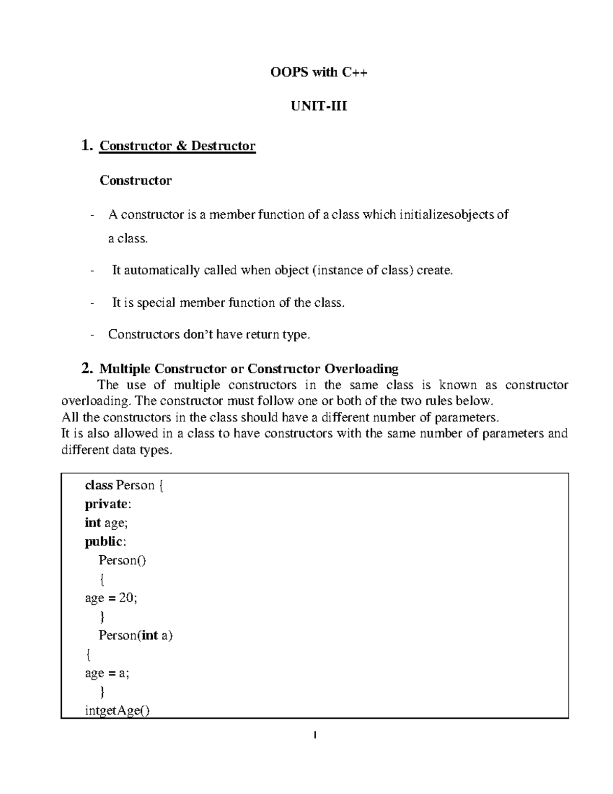 CPP UNIT-III: Understanding Constructors, Destructors, and Operator ...