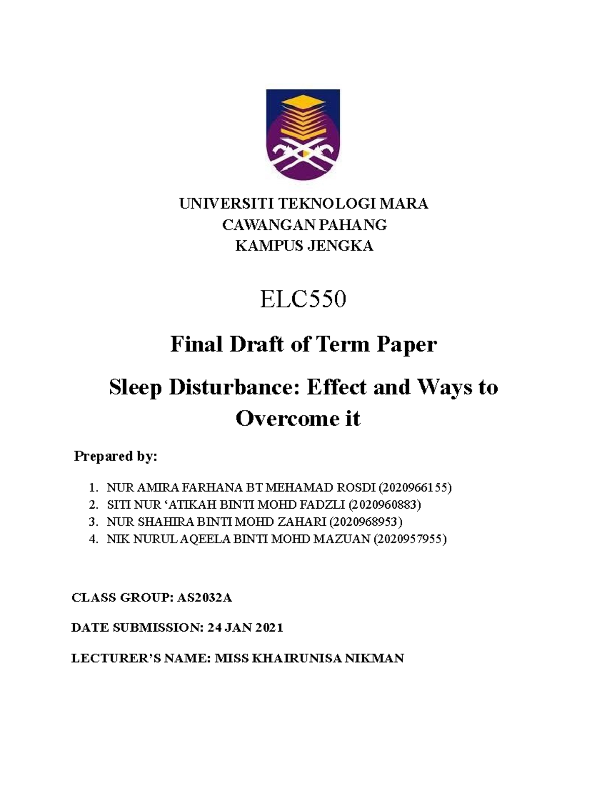 Final Draft OF TERM Paper ELC 550 - UNIVERSITI TEKNOLOGI MARA CAWANGAN ...