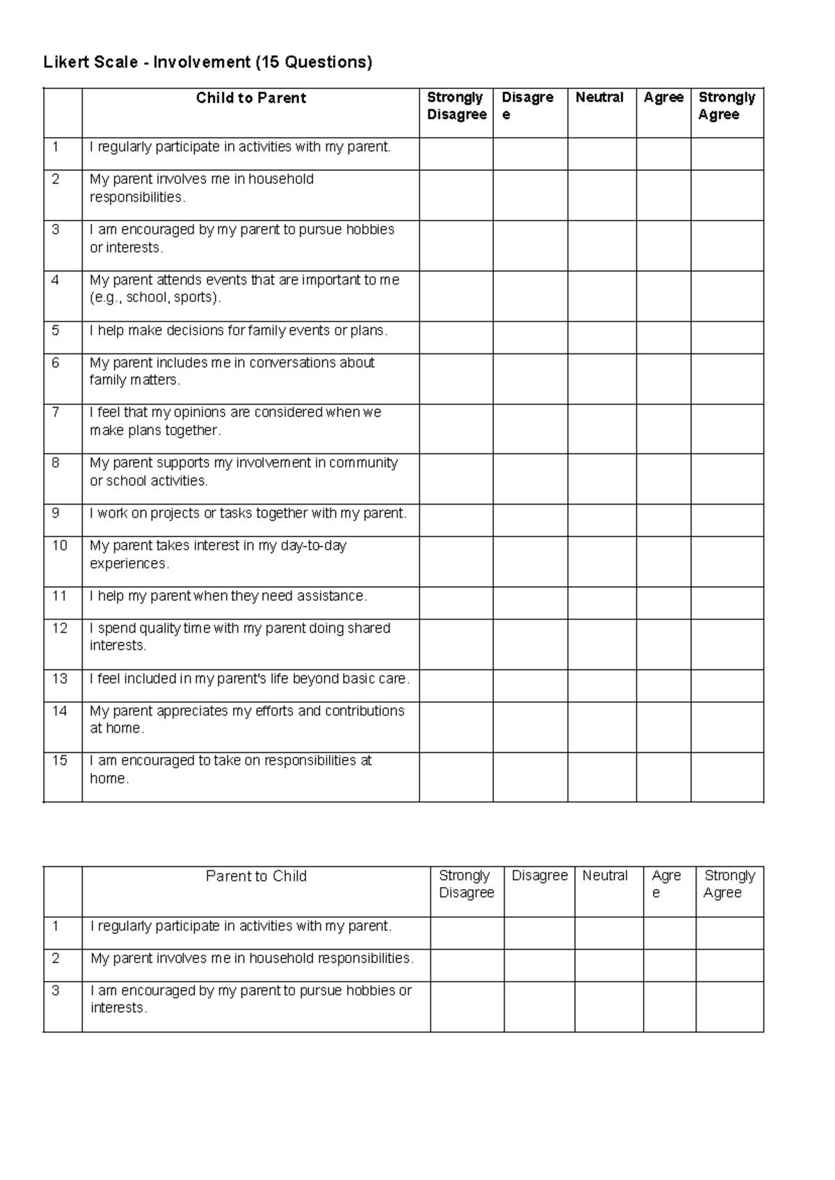 Likert Scale Involvement: 15 Questions on Parent-Child Engagement - Studocu