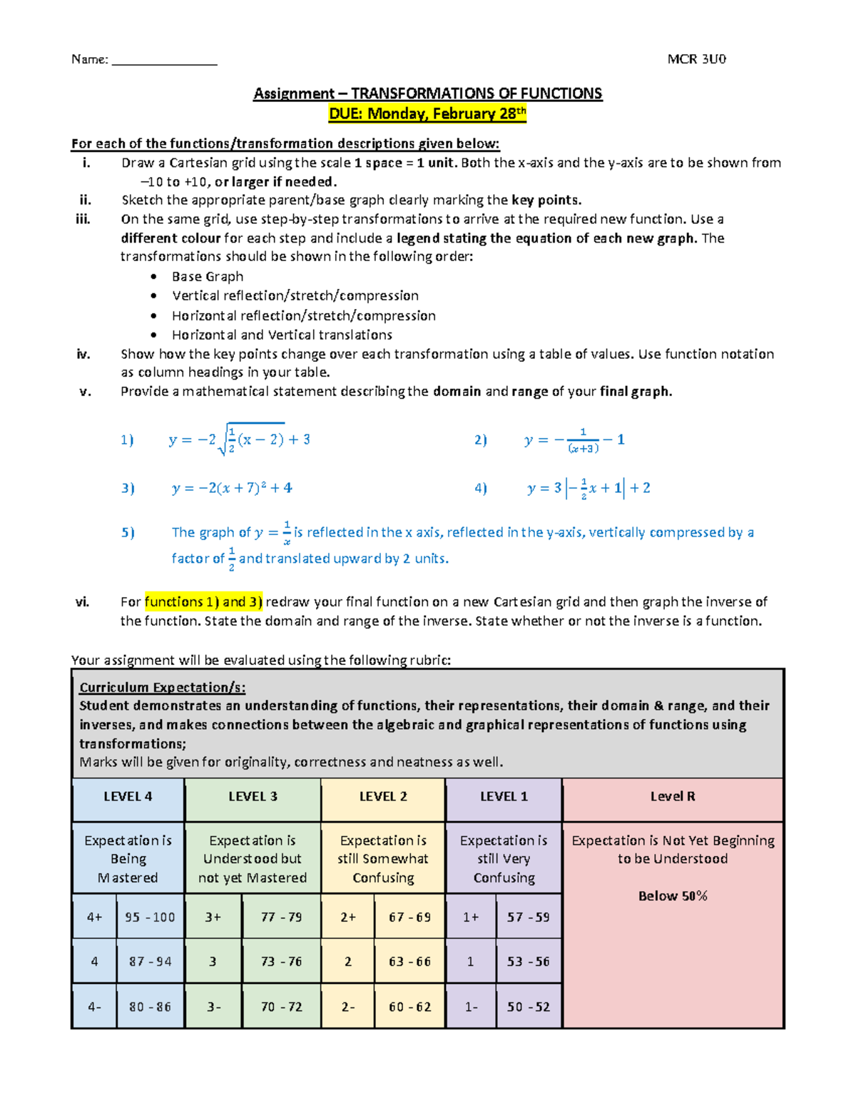 MCR 3U Transformations of Functions Assignment Instructions - Studocu
