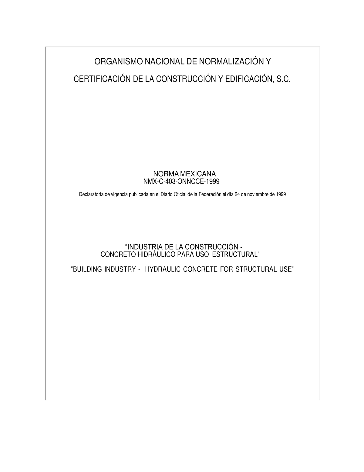 Norma Mexicana NMX-C-403-1999: Concreto Hidráulico para Uso Estructural - Document Preview