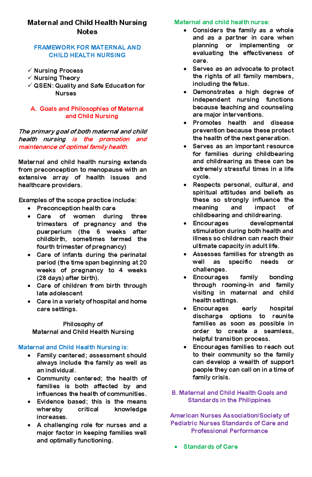 429142270 Maternal and Child Health Nursing Framework Notes - Studocu