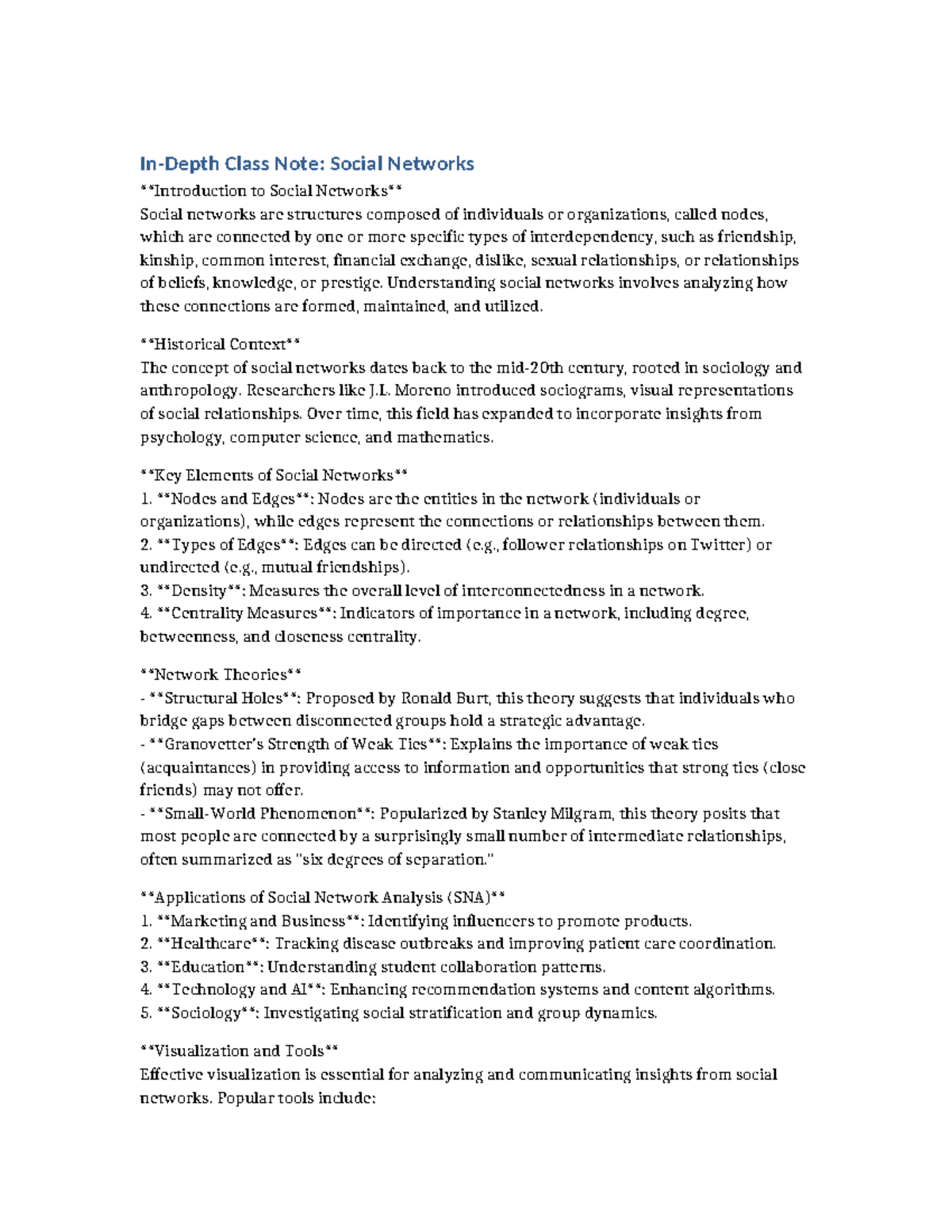 Social Network Class Note Detailed - In-Depth Class Note: Social ...