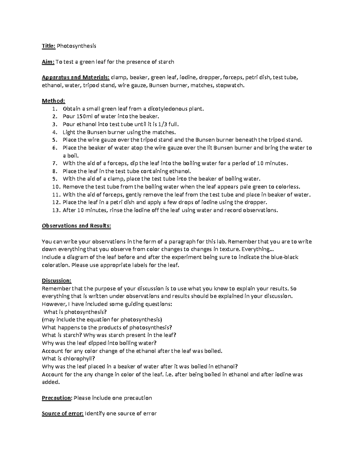 Green Leaf Lab - this is the bio lab guidelines - Title: Photosynthesis ...