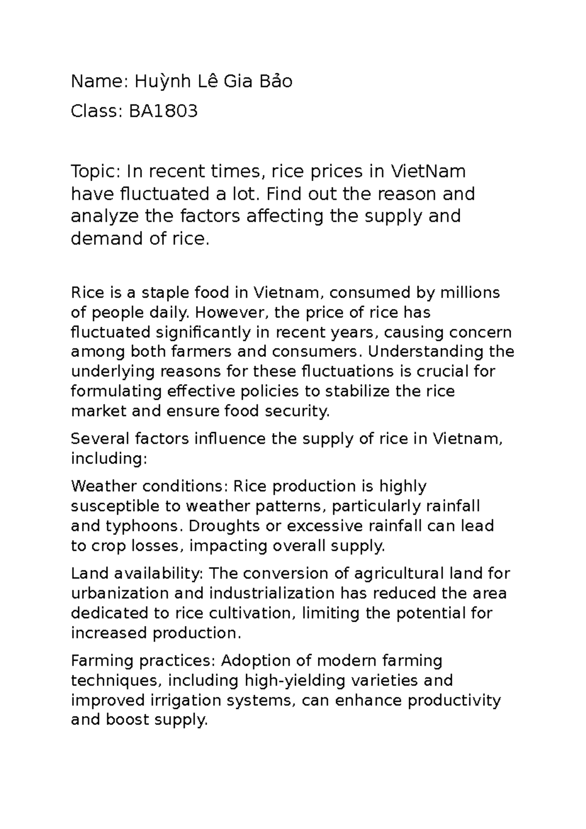 ECO Essay - Analyzing Rice Price Fluctuations in Vietnam (BA1803) - Studocu