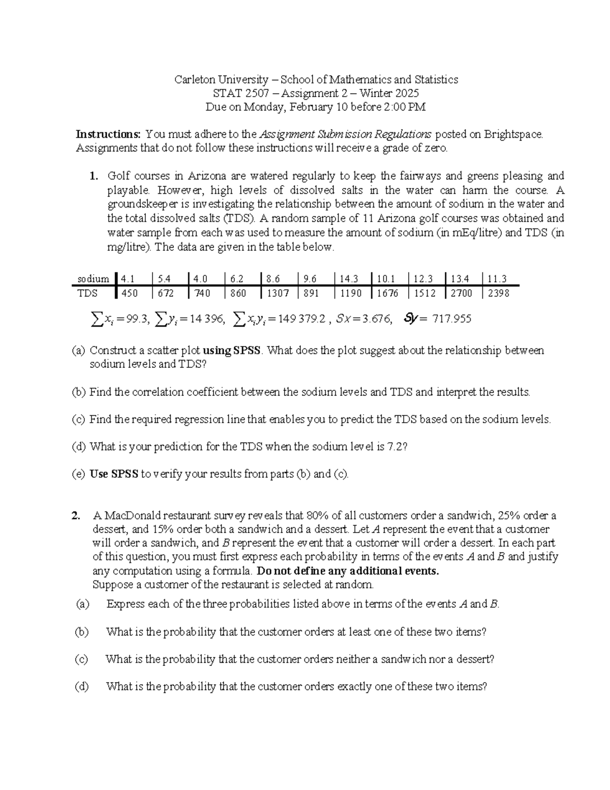 Updated - STAT 2507 Assignment 2 Winter 2025 - Carleton University ...