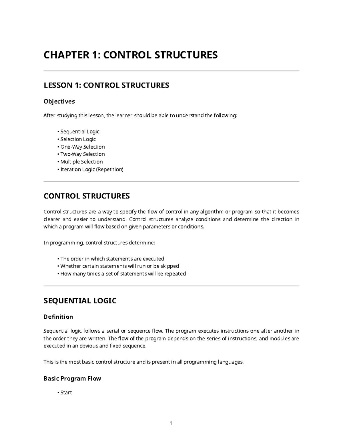 CHAPTER 1 REVIEWER: CONTROL STRUCTURES AND LOGIC TYPES - Studocu