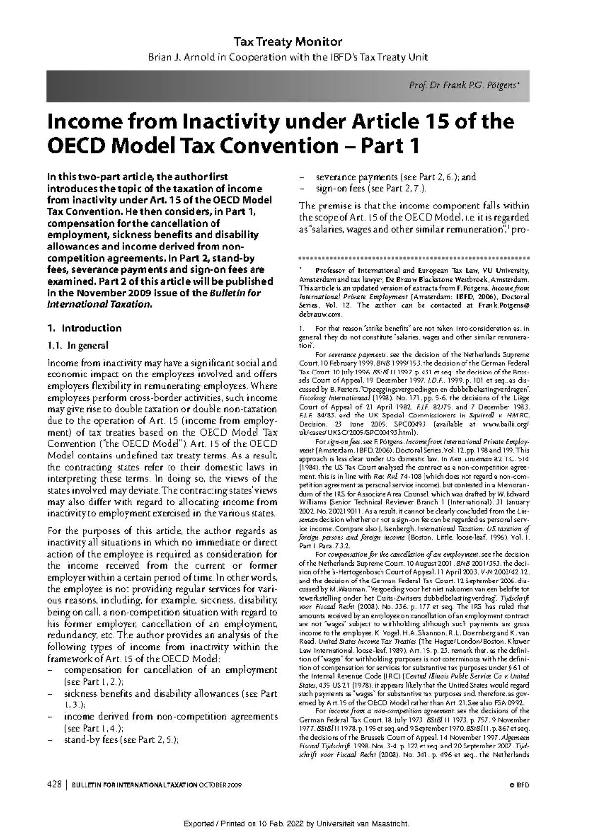 Income from Inactivity under Art. 15 of the OECD Model Tax Convention ...
