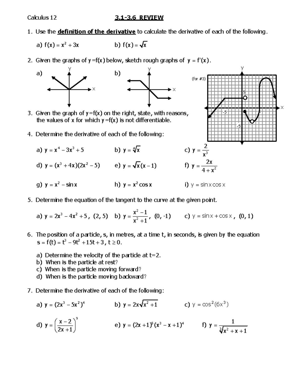 Calculus 12 Final Exam Review 3: Derivatives and Tangents - Studocu