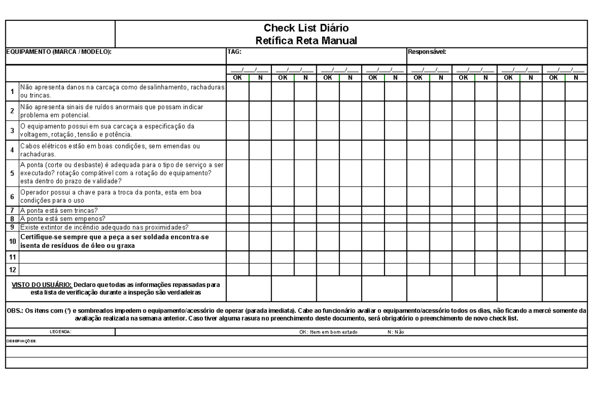 Check List Diário Retífica Reta Manual - Equipamento Inspeção - Studocu
