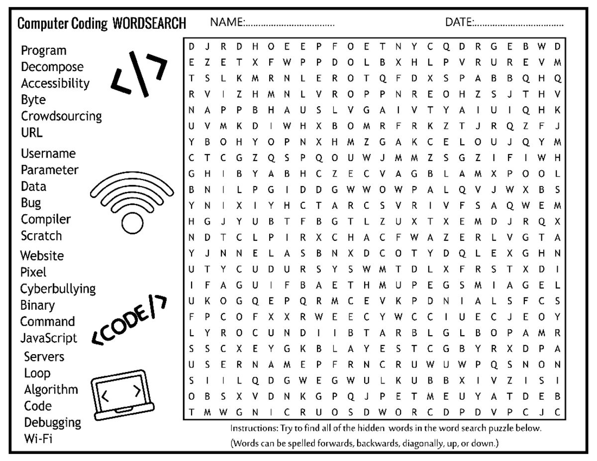 Comp Sci WORDSEARCH - Find Hidden Terms in Coding Puzzle