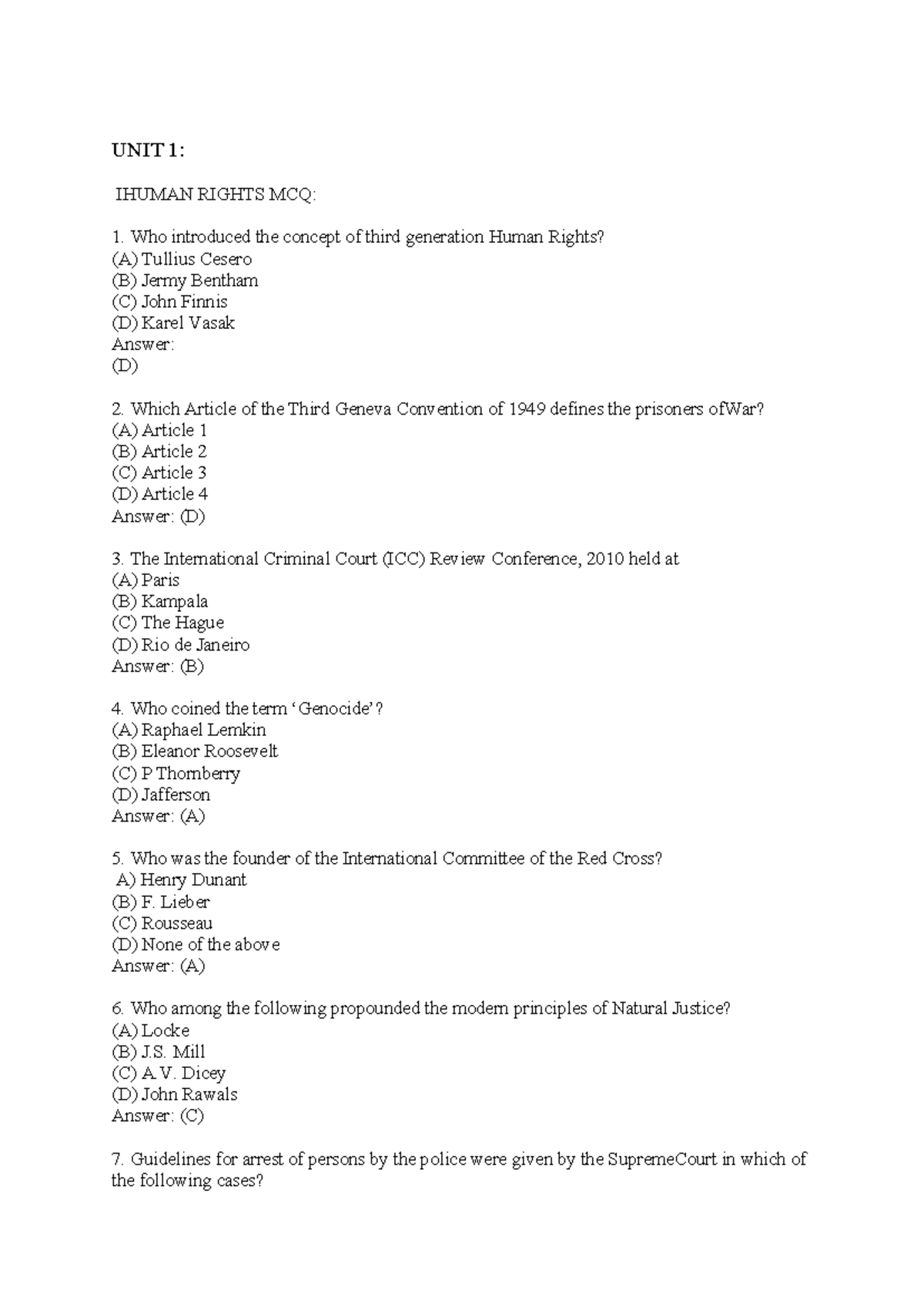 IHUMAN RIGHTS MCQ Review for Exam - Essential Unit 1 Quiz - Studocu