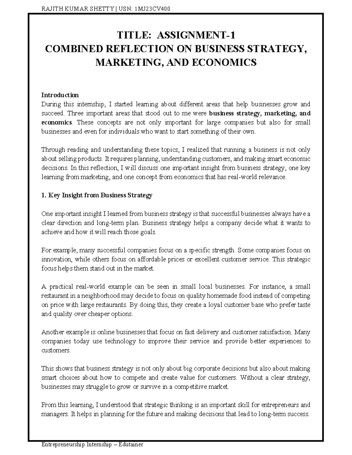 Entrepreneurship Internship Reflection: Strategy, Marketing & Economics ...
