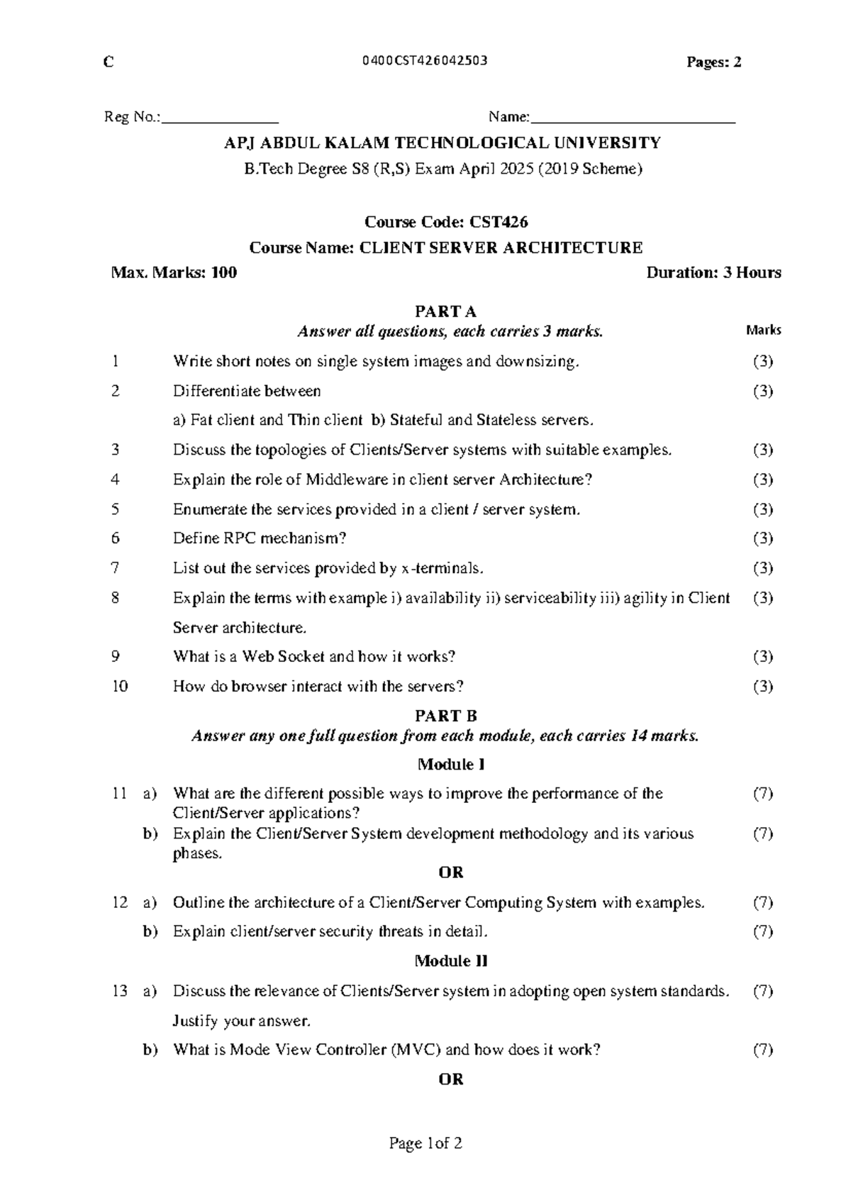 CST426 Client Server Architecture Exam Paper - April 2025 - Studocu