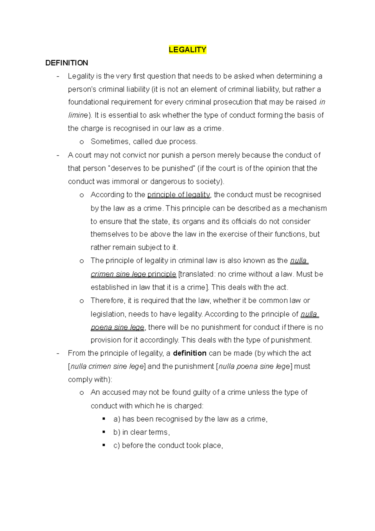 Legality Principles in Criminal Law: Lecture Notes for LAW101 - Studocu