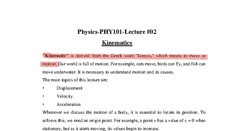 Lec2 PHY101 - Detailed Notes on Kinematics and Motion Concepts - Studocu