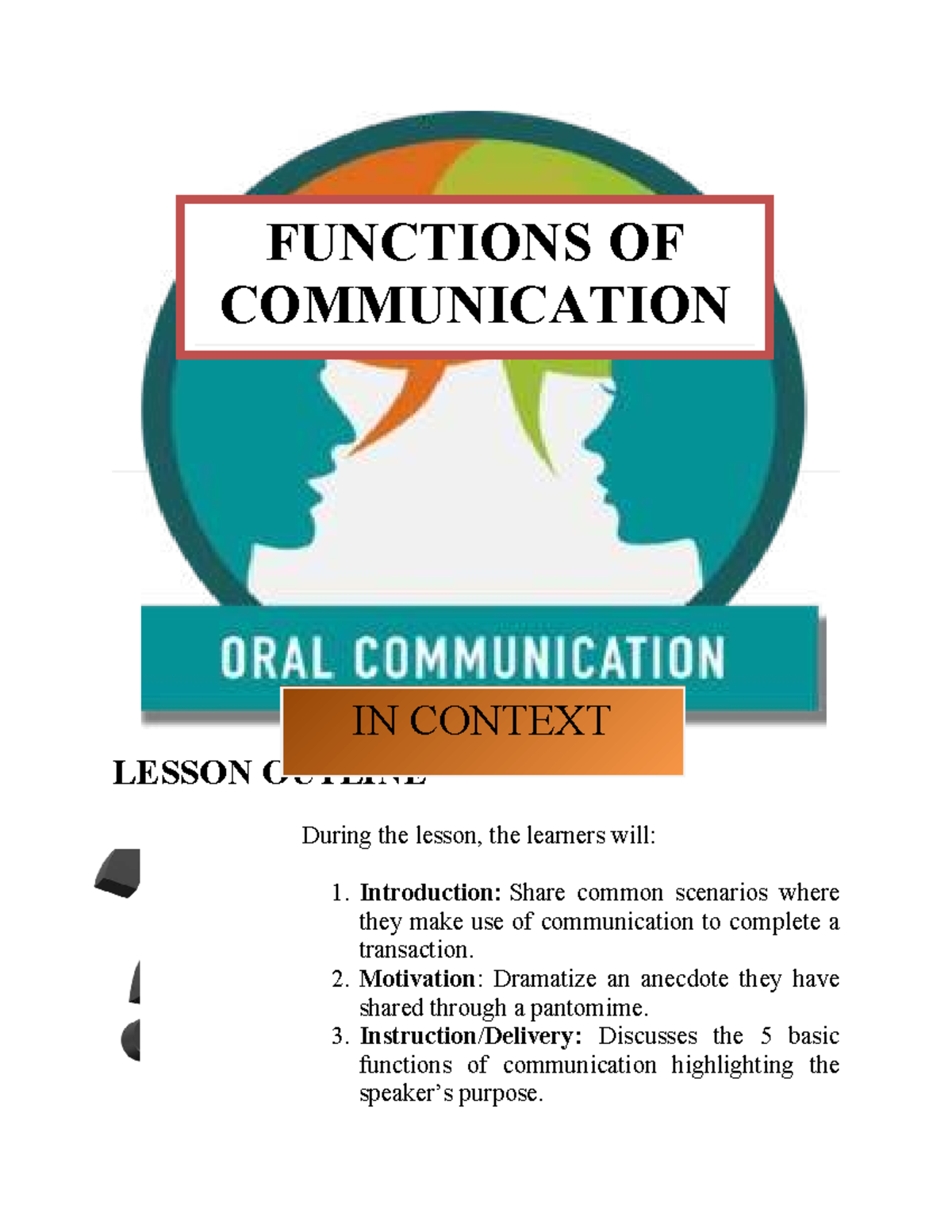 Functions of Communication in Context: Lesson Outline for Oral Comm ...