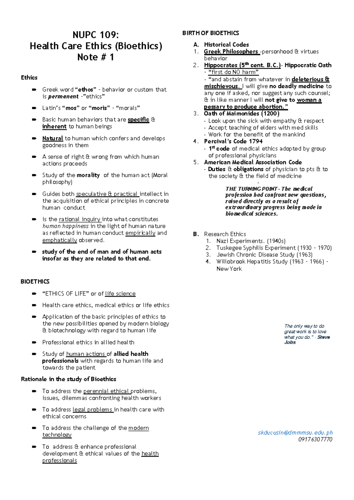 NUPC 109: Lecture Notes on Health Care Ethics (Bioethics) - Studocu