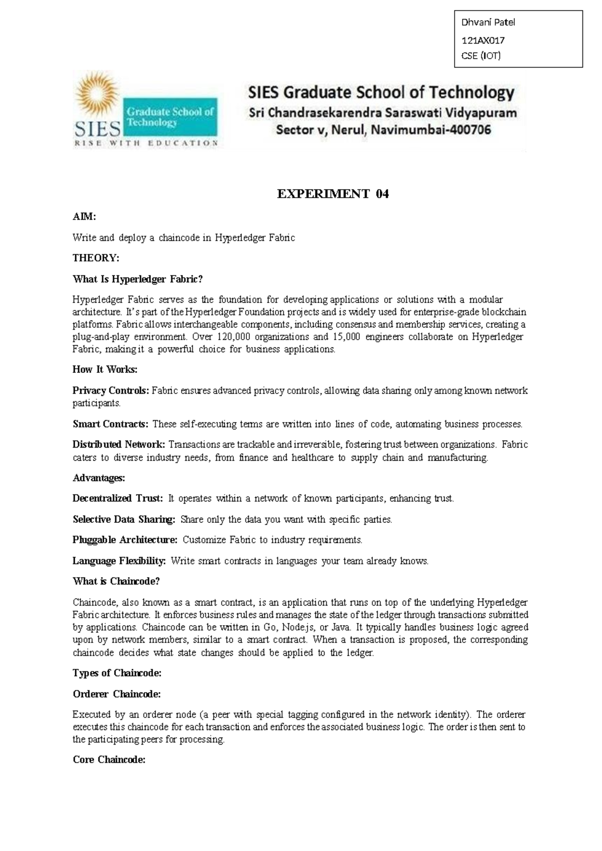 EXPT-4: Hyperledger Fabric Chaincode Deployment Lab Practical - Studocu